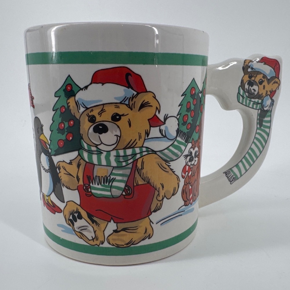 Alco 1989 The Love Mug Christmas Bear Holiday White Sculpted Scarf Handle 3.75in
